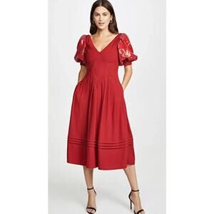 Self-Portrait Red Sequin Puff Sleeve Midi Dress Size 2 NWT